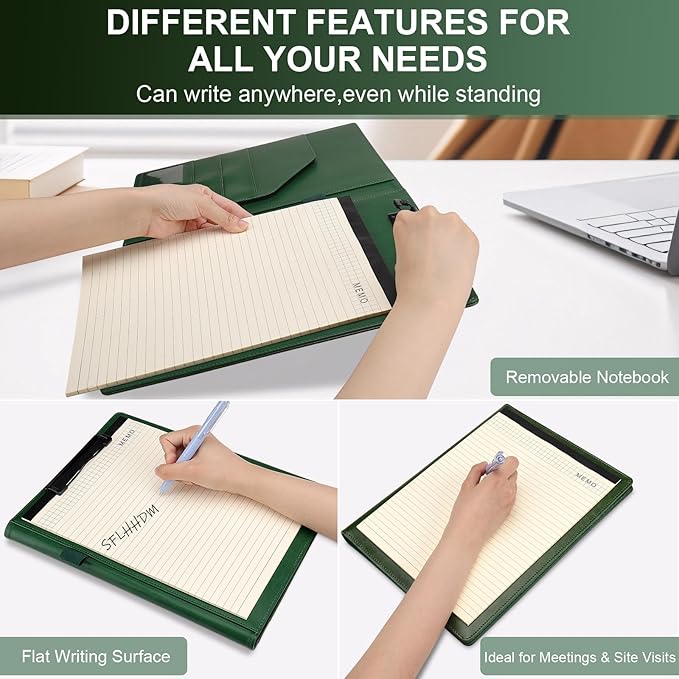 Clipboard Padfolio with Storage Pocket,Clipboard Folder Portfolio Organizer,360 Degree Foldable Clipboards,Faux Leather Padfolio Organizer (Olive Green, A4 Size Folder Without Elastic Band)