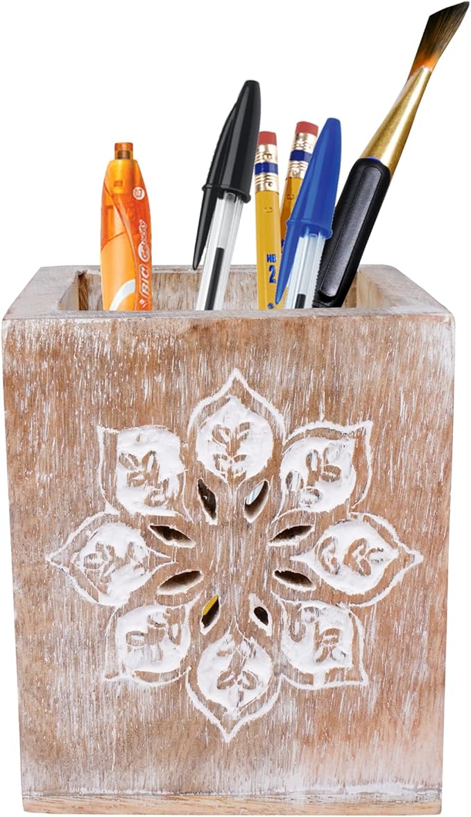 Mela Artisans Serena 4" x 3.5" Whitewash Wooden Pen Holder – Mango Wood Pencil Cup for Home Desk Organization & Rustic Office Decor