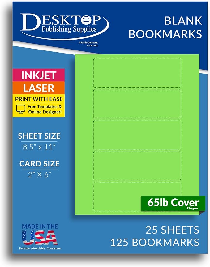 Printable Bookmarks - Blank Bookmark Printing Paper for Inkjet & Laser Printers - 2" x 6" Perforated Bookmarks 5 per Page - 25 Sheets / 125 Book Marks (Bright Green)