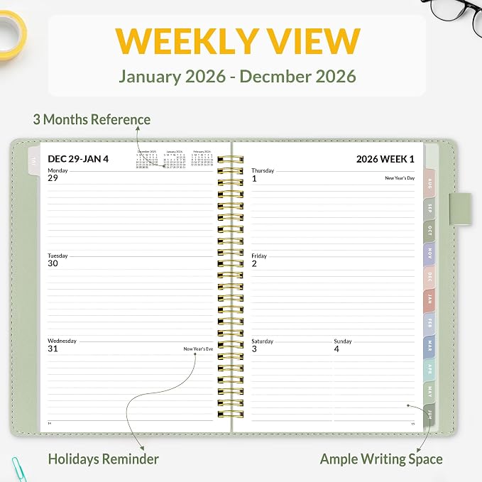 SUNEE 2026 Weekly & Monthly Planner 6.2"x8.5"- 12 Month (January 2026 - December 2026), Vegan Leather Cover, Pocket, Bookmark, Notes, Monthly Tab, Sage Green