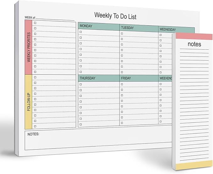 Large Weekly Planning Pad and Matching Notepad, 52 Letter Size Tear-Off Sheets, 8.5” x 11” Undated Desk Planner Pad, Daily Schedule, Weekly Priorities To Do List,for Work and Home