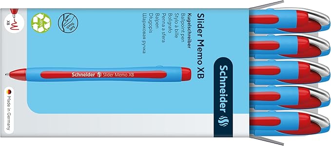 Schneider Slider Memo XB (Extra Broad) Ballpoint Pen, 1.4 mm, Light Blue Barrel, Red Ink, Box of 10 Pens (150202)