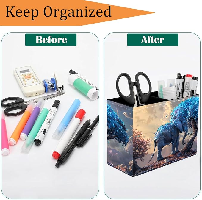 Pen Holder for Desk, PU Leather Multifunctional Desktop Storage Box and Anti-Slip Mouse Pad Set, Makeup Brush Holder Pen Organizer for Office and Home - Leaves and Elephants
