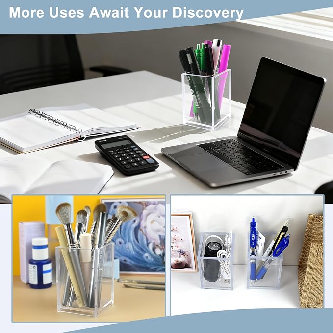 20 Pack Clear Acrylic Pen Holders, Pencil Cups and Makeup Brush Organizers : Durable Desk Accessories for Classroom, Office and School Storage