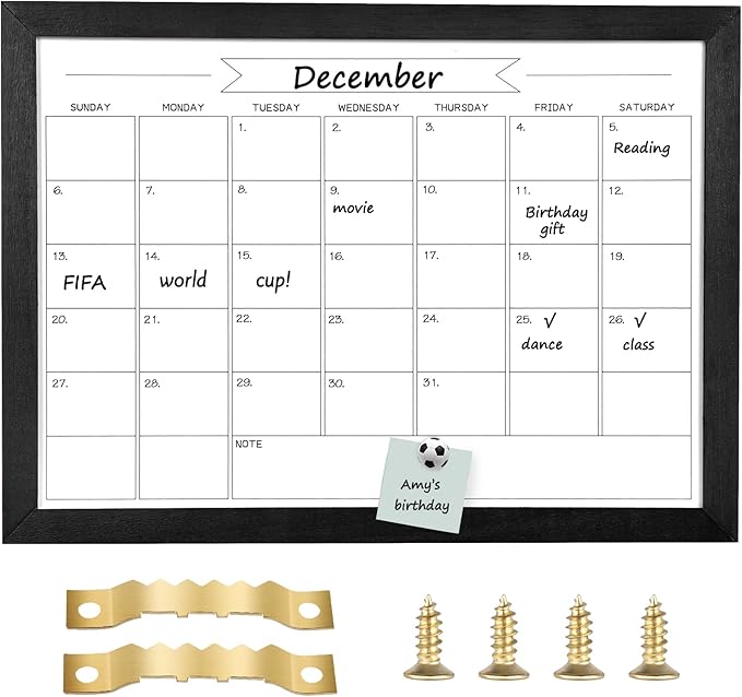 Dry Erase Monthly Calendar Whiteboard, Magnetic White Board for Wall, Hanging Board for Office, Home School, Solid Pine Wood Black Framed Message Board, 10.6"x 14.6"(YL-BK-2737-B)