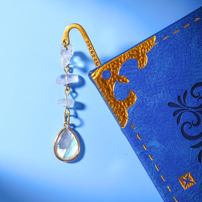 Vintage Metal Bookmark Pendant with Opal Drop Shell&White Quartz Crystal Stones Bead Chain–Elegant Opal Bookmarks for Women,Men,Book Lovers,Teachers and Girls(Gold)