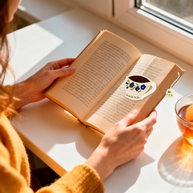Embroidered Teacup Bookmark with Floral Design – Cute Tea Cup Bookmark for Book Lovers, Readers & Teachers – Unique Gift for Women, Tea Lovers & Bookworms
