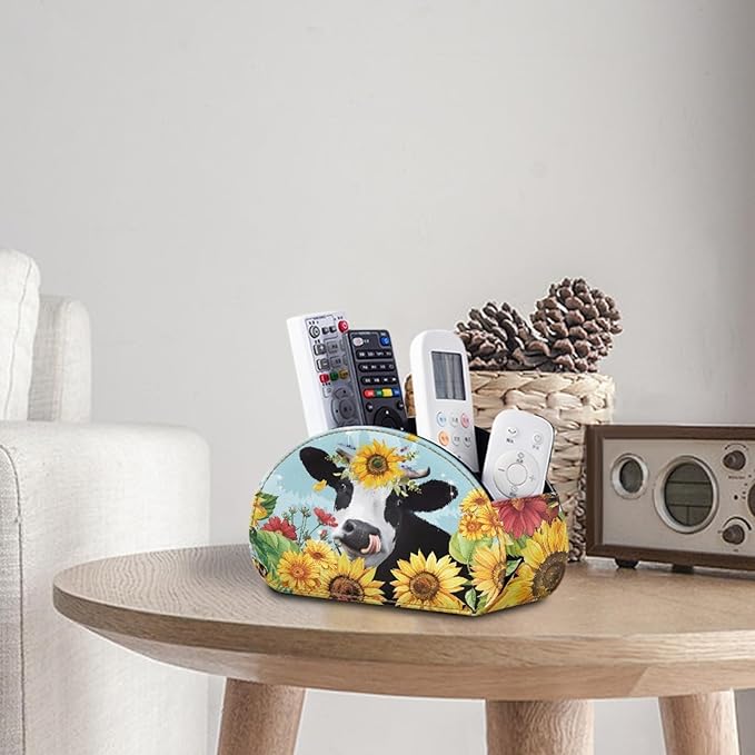 FUSURIRE Sunflower Cow Print Remote Control Holders with 5 Compartment,PU Leather Desk Organizer Box Caddy Office Storage Supplies Fashion Remote Holders Valentine's Day Decor for TV, DVD