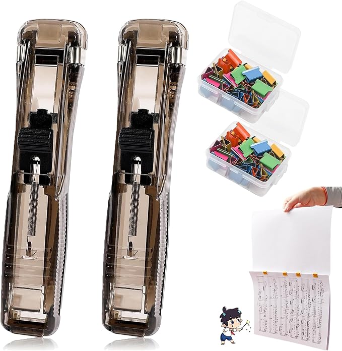 2pake Portable Binder Clip Stapler, Includes 100 Reusable Clips, Handheld Paper Clam Clip Dispenser for Home, School, Desk Office (Black)