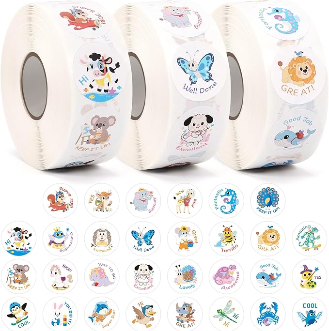 3000 PCS Animal Stickers, 3 Rolls Kids Stickers, 1 Inch, 30 Designs Cute Animal Sticker with Motivational Words, for Kid Reward School Supplies Stickers