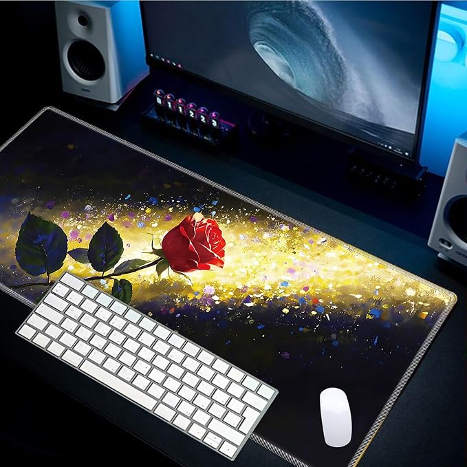 Mouse Pad Gaming Mousepad 31.5x11.8 Inch XXL Large + Coasters,Desk Mat with Stitched Edges, Non-Slip Rubber Base, Thick Mouse Pad for Computer, Laptop, Office & Home - Glitter Rose Flower