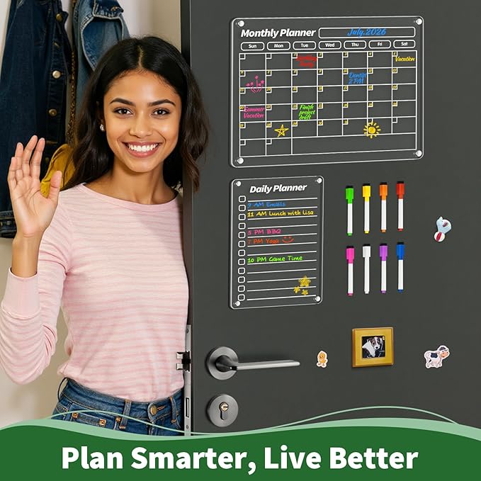 FINDMAG Acrylic Magnetic Dry Erase Board for Fridge, 16"x12" Magnetic Calendar for Refrigerator, Shopping List for Fridge, Clear Notepad Note for Adults with 8 Colors Markers