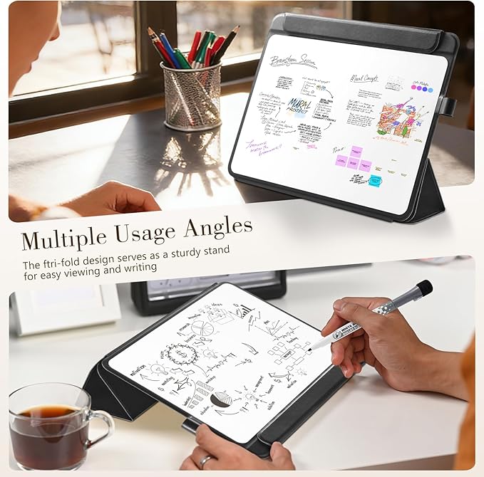 CoBak Glass Portable White Board Desktop Easel 12x9 inch (A4) - Book Folio Tri-fold Design Clean Glass Dry Erase Board with 3 Markers, Anti-Ghosting Suface for Office, Business and School (Black)