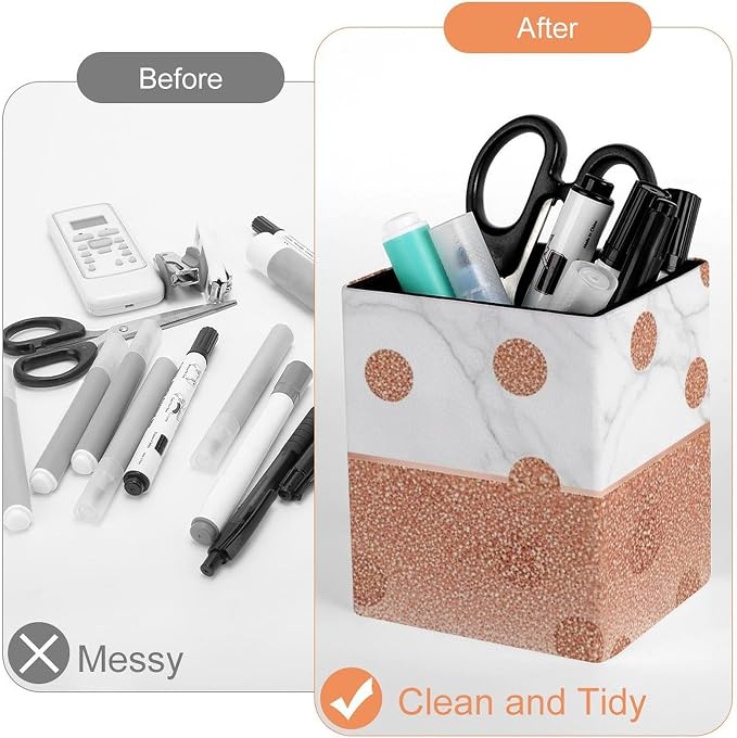 Pen Holder Square Leather Pencil, Holder Cup Makeup Brush Storage Organizer, Waterproof Multifunctional Office Supplies Modern Rose Gold Pink Glitter Dots White Marble