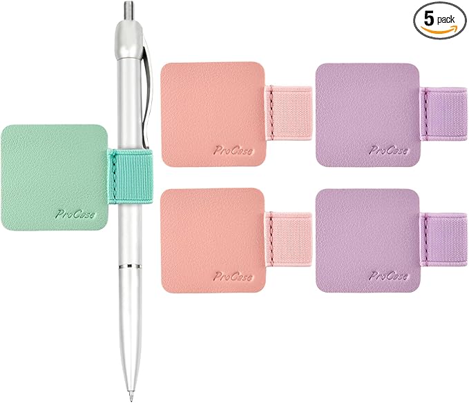 ProCase (5 Pack Pen Loop Holder for Notebooks Journals Planners Tablet Case, Self Adhesive Leather Pencil Holder with Elastic Loop for Pens, Apple Pencil, Stylus Pen -Pink/Purple/Mint