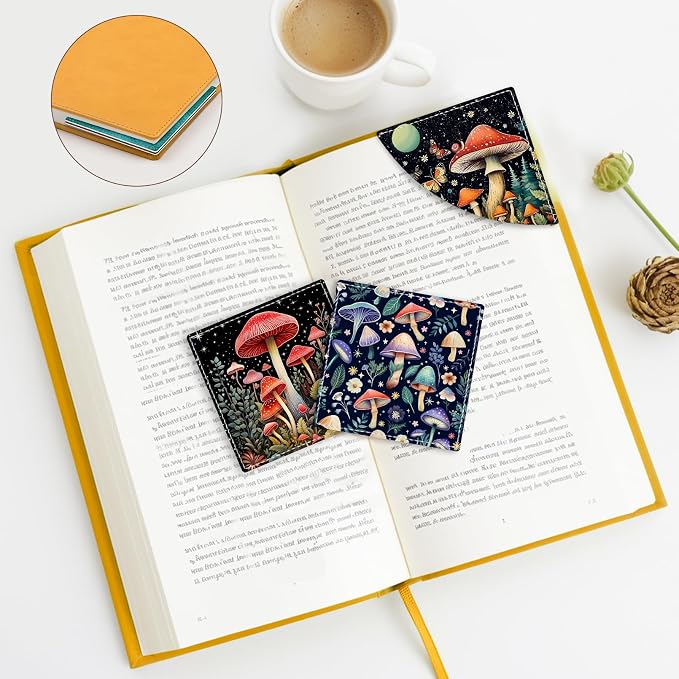 Icycay Cute Mushroom Corner Bookmarks, Leather Book Accessories for Book Lovers, 3 Pcs Reading Book Page Markers for Women Men Student Teacher Girls Boys Kids Retirement Birthday Gifts