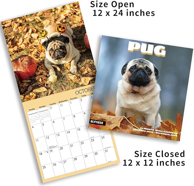 2026 Wall Calendar, Pug Dogs Wall Calendar, 12" x 24" Open,Family Planner Calendar, Home & Office Organizer,Hangable, for Dogs lover