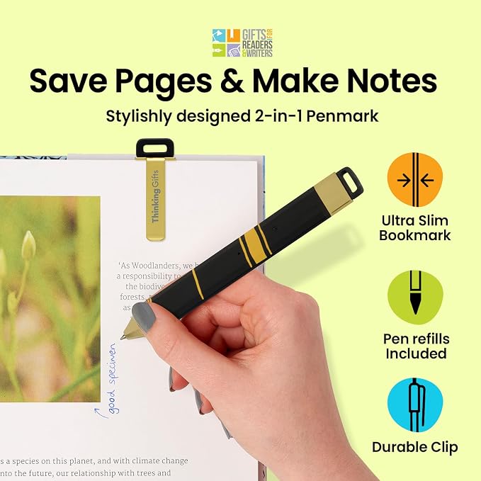 Gifts for Readers & Writers Pen Bookmark, Page Marker & Flat Writing Pen for Journal Notebook & Planner, Penmark Reading Accessory for Making Book Annotations, Black & Gold