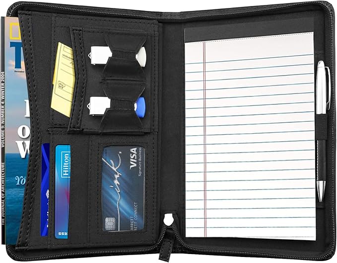 Junior Padfolio/Resume Portfolio Binder with Refillable Lined Notepad, A5 Padfolio Folder, Business Portfolio, Multi-Function Case, A5 Writing Pad Included,Black.