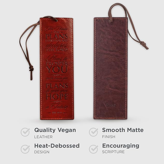 Christian Art Gifts Premium Vegan Leather Scripture Bookmark for Men: I Know The Plans - Jeremiah 29:11 Inspirational Bible Verse, Heat-Debossed, Faith-Based Reading Accessory, Brown with Cord Tassel