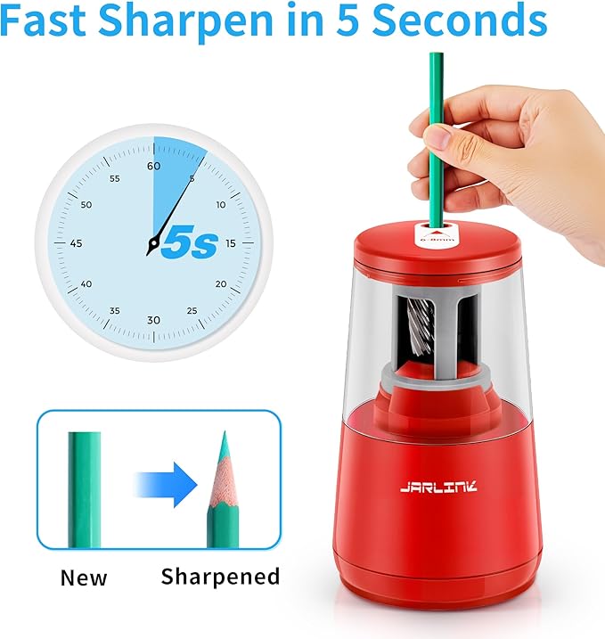 JARLINK Electric Pencil Sharpener, Heavy-Duty Helical Blade to Fast Sharpen, Auto Stop for No.2/Colored Pencils(6-8mm), AC Adapter/Battery Operated in School Classroom/Office/Home (Red)