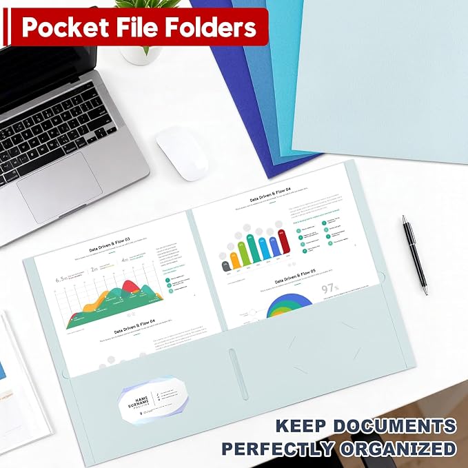 100 Pack 2 Pocket Folders, Letter Size 8.5" x 11" Folders with Business Card Slot, Durable Paper Bulk File Folders for Office, School, Presentation Home and Business Use, Blue Assorted