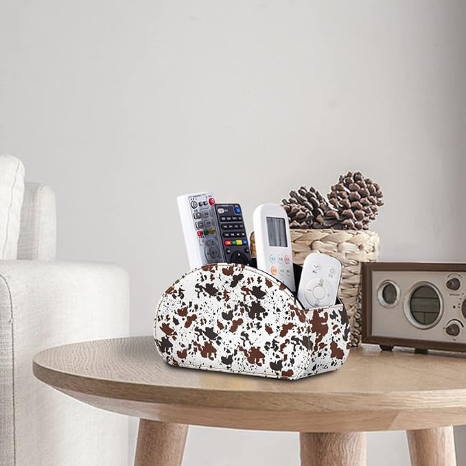 FUSURIRE Vintage Cow Print Tv Remote Controllers Holders for Desk Bed Couch Sofa, PU Leather Desk Storage Box Cosmetic Cup Multi-functional Pencil Holder, Cow Home&Office Accessories