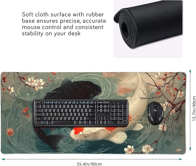 Large Koi Fish Mouse Pad 35.4 x 15.7 Inch, Extended Japanese Art Desk Mat, Non-Slip Rubber Base, Washable Surface, Perfect for Gaming, Work & Aesthetic Desk Setup