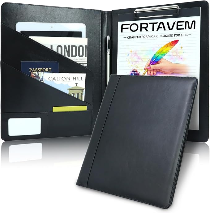 Professional Portfolio Binder, Faux Leather Padfolio for Resume, Note-Taking & Meetings, A4 Letter Writing Pad Holder for Women & Men, Black