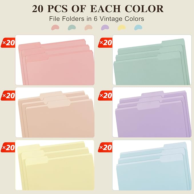Color File Folders, 1/3-Cut Tabs, 120 Pack File Folder Letter Size, 6 Pastel Colors Organizer File Folders for School Home Office Business