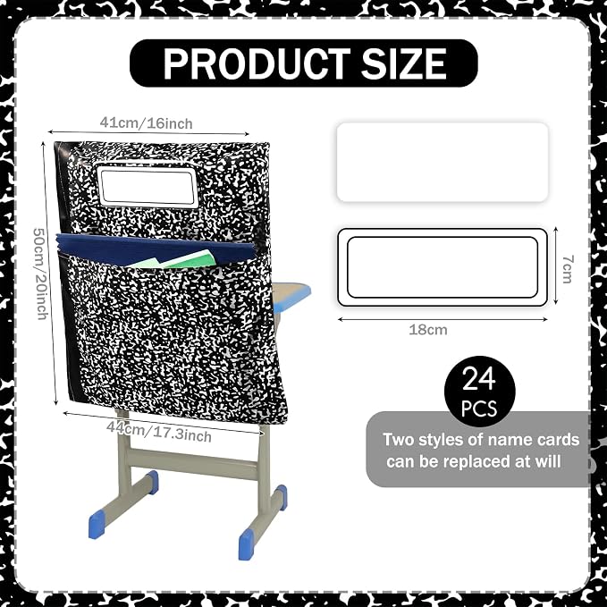 24 Pack Chair Pockets for Classroom Back to School Composition Seat Pocket 20 x 17 Inch K 2 Student Chair Bag Organizer with Name Tag Oxford Cloth Storage Bag for Kindergarten Primary (Black)