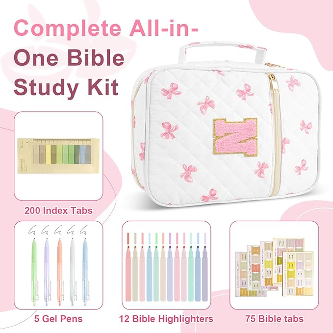 Personalized Initial Bible Cover Case for Women Girls Kid - Large Quilted Bible Case with Handle, Stylish Chenille Letter Bag Study Supplies, Perfect Christmas Gifts for Christians Women (Pink Bow-N)