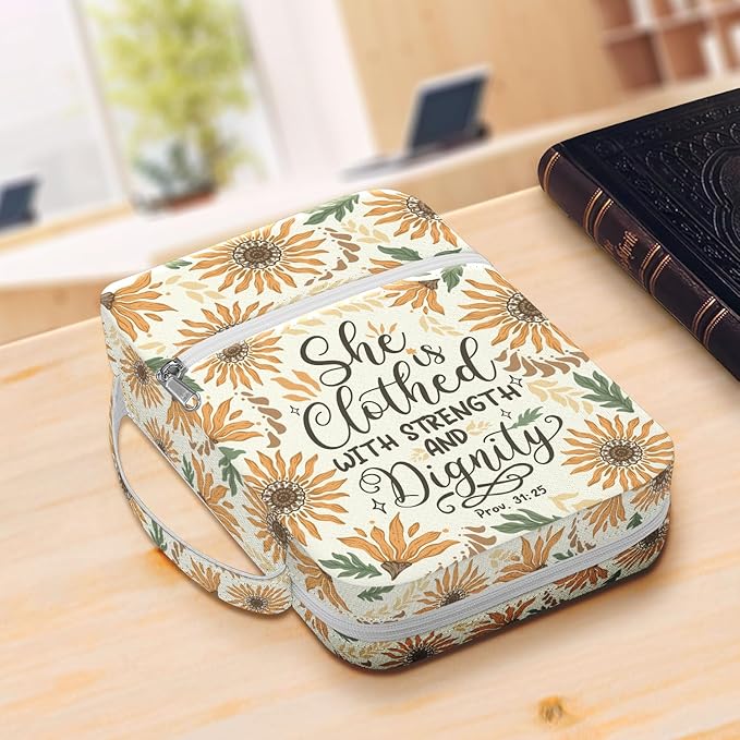 Sunflower Bible Cover for Women with Handle and Zipper, Scripture Verse Proverbs 31 25, Canvas Bible Case, Fits Standard Size Bible, Christian Gift for Mom Girls Bible Study Church Use