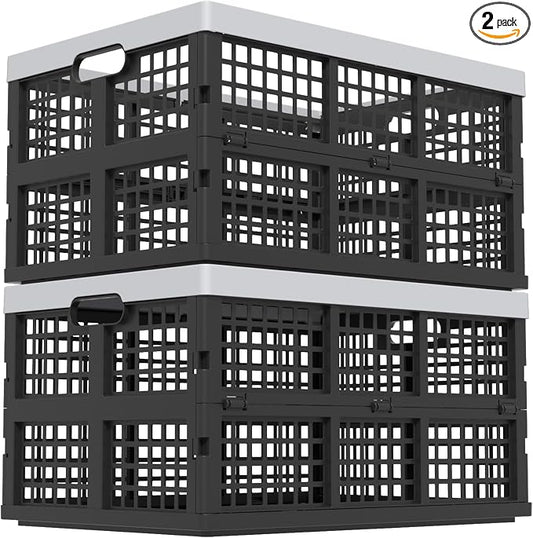 Collapsible Utility Crate Storage Bin, Folding Plastic Stackable Utility Crates, Black, 2PK - 42L