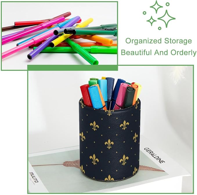 Large Capacity Golden Fleur De Lis Pattern Leather Pen Holder for Desk, Colored Pencil Holder Makeup Brush Holders, Desk Accessories & Workspace Organizers for Home, School & Office