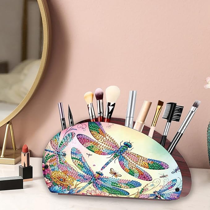 Remote Control Holder with 4 Compartments, DIY Diamond Art Painting Wooden Half Moon TV Control Holder for Remote Controllers, Office Supplies, Makeup Brush, Media Accessories-Dragonfly