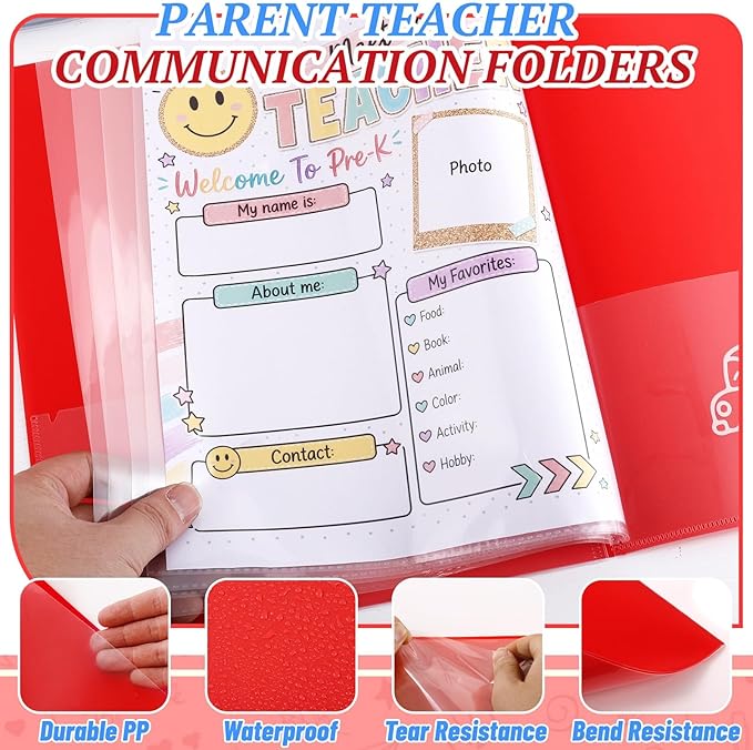 12 Pcs Take Home Folders for Elementary Students,Back to School 2 Pocket Folders with Clear Front Pocket 4 Inner Pockets,Plastic Parent Teacher Communication Folder 11.81 x 9.45 Inch (Red)
