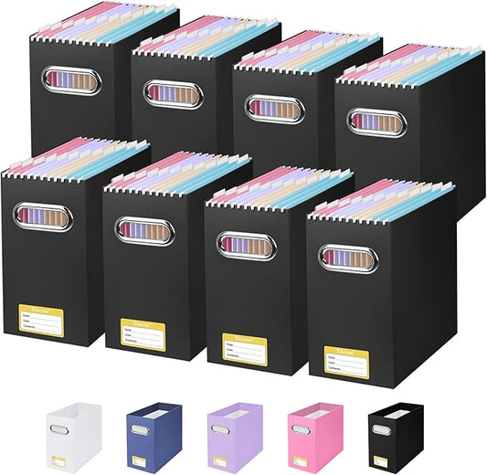 BALEINE File Organizer Box, Cardboard File Folder Organizer with Handle for Letter Size, Portable Collapsible Hanging Filing Box for Home Office Document Storage (8 Pack, Black)