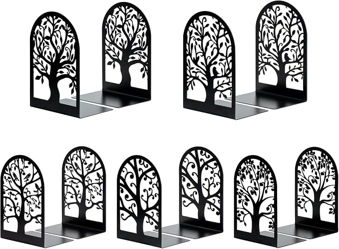 HappyHapi Book Ends, Metal Bookends for Shelves, Modern Tree Book Ends Decorative, Heavy Duty Book Holders Book Stoppers for Home Office Decor, 6.9"x4.7"x3.5" (5 Pairs/10 Pcs)