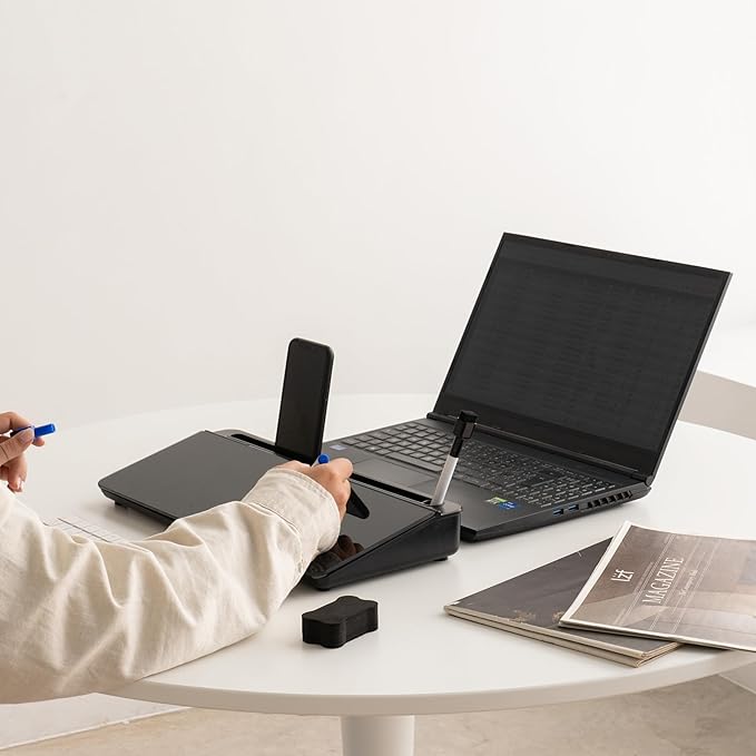 GAROOD Desktop Dry Erase Board with Storage Black Color Dry Erase Board Desk Board Glass Desktop Board with Stand Home Office Desk Organizer Phone Holder 15.8X7X2 inches