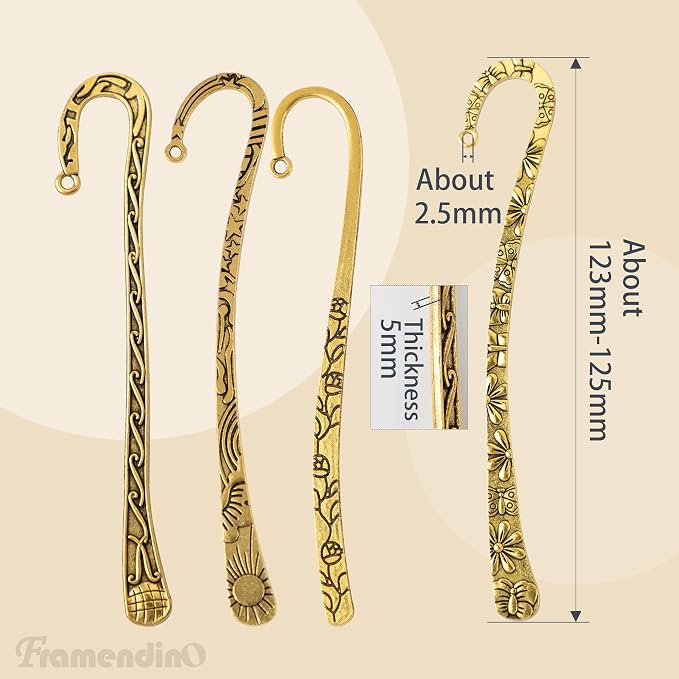 Framendino, 12 Pack Metal Bookmark Antique Tibetan Carved Hook Bookmarks with Loop for Crafting (Gold)