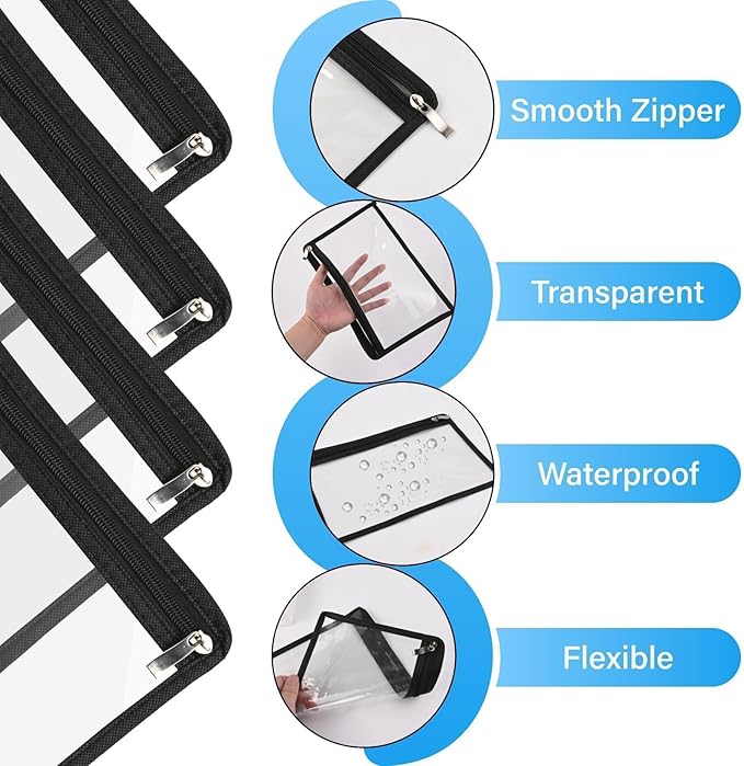 8Pcs Clear Zipper Pouches, Waterproof Pencil, Pen Bags, PVC Travel Toiletry Makeup Storage, Envelopes, File Folder Storages, Multi Purpose Pouch Office Supplies(Black Edging,11.5 x 7 Inches)