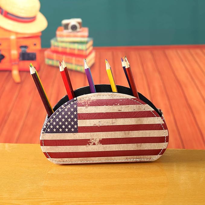 Remote Control Holder for Table, PU Leather Remote Organizer with 5 Compartments, Table Decor Storage Remote Control Caddy for TV, Office Supplies, Retro American Flag PH58