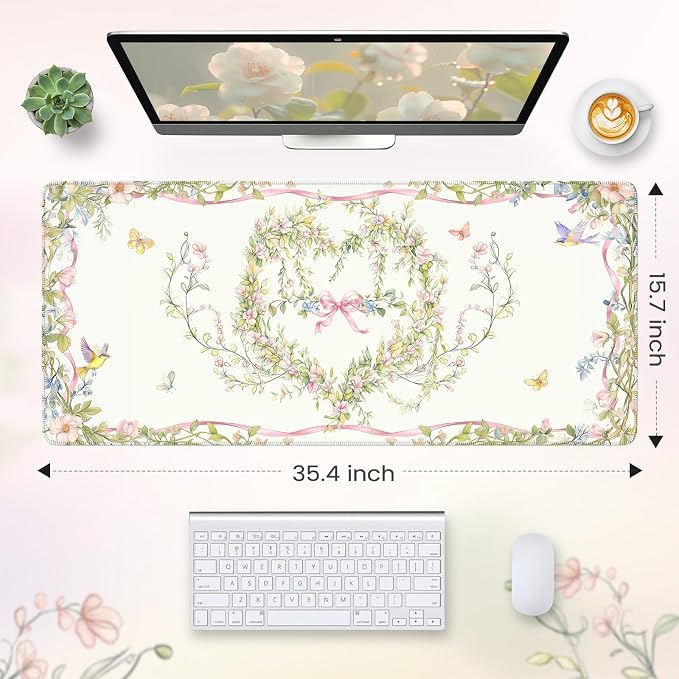 HAOCOO Floral Bow Desk Mat, Cute Keyboard Mat for Desk, XXL Mouse Pad with Non-Slip Base, Waterproof Computer Mat for Office Decor & Accessories, Girly Desk Organizers for Home