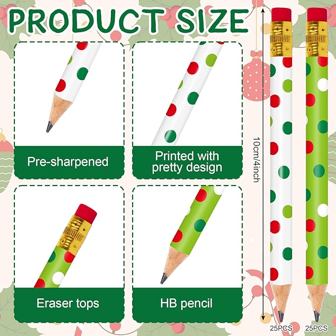 JarThenaAMCS 50 Pcs Christmas Short Pencil with Eraser 4 In White Green Dot Writing Pencil Wood Xmas Winter Half Pencils for Classroom Office Stationery Gift