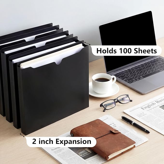 Dunzoom 50 Pack File Jackets Letter Size 2 Inch Expansion Manila Plastic File Folders Expandable Heavy Duty Reinforced Straight Cut Tab Expandable Document Jacket for Office(Classic,Black)