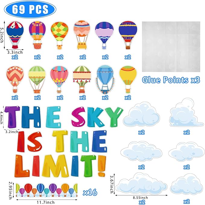 Kepeel Hot Air Balloon Classroom Bulletin Board Decorations with Inspirational Sayings, The Sky is The Limit Art Cutouts for Kids Back to School Kindergarten Classroom Office Nursery Party Supplies