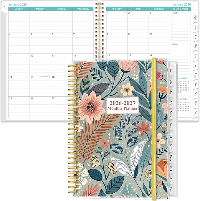 2026-2027 Monthly Planner - 18 Monthly Calendar, January 2026 - June 2027, Two Pages Per Month, 9" x11" Planner with Tabs, Strong Twin-Wire Binding, Inner Pocket, Flower-A