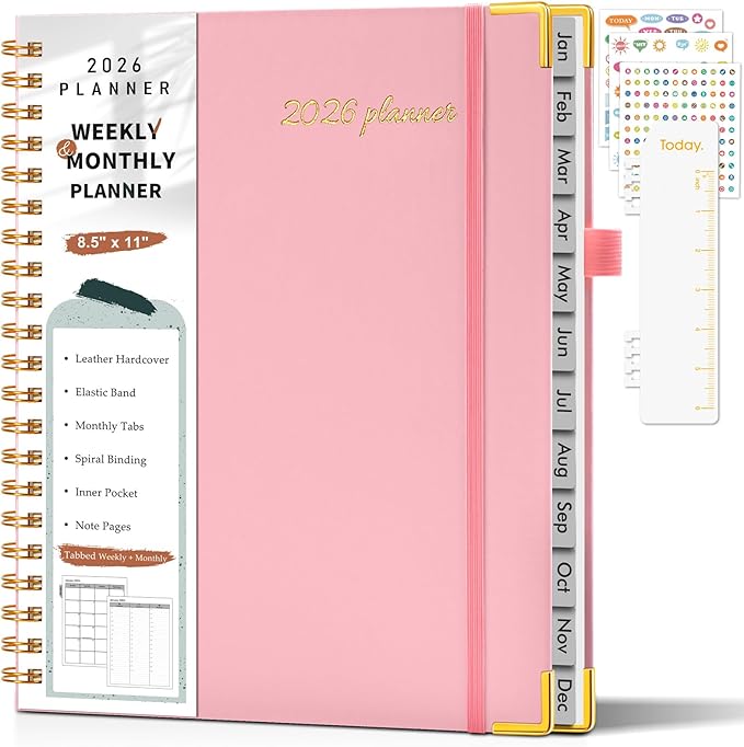 2026 Planner, Weekly and Monthly Calendar Planner from January 2026 - December 2026, 8.5" x 11" Hardcover Leather Hourly Appointment Book with Tabs, Spiral Daily Planners for College School Work Home, Light Pink