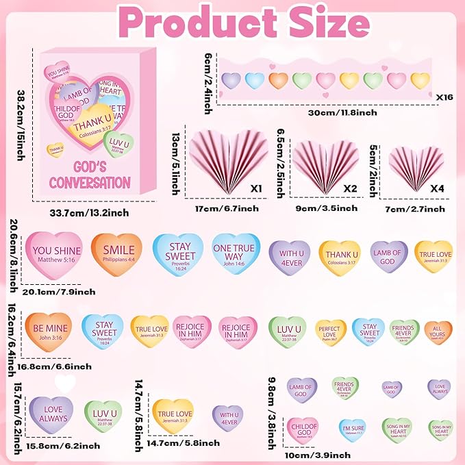 3D Valentine’s Day Conversation Heart Christian Bulletin Board Decorations Candy Heart Cutouts Border Trim Religious Jesus Sunday School Classroom Door Decor for Chalkboard Valentines Party Supplies